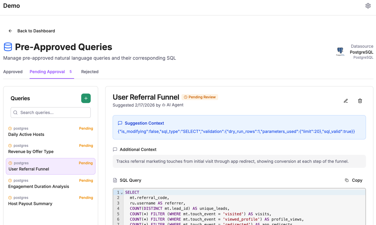 Pre-Approved Queries — Pending Approval tab showing AI-suggested queries